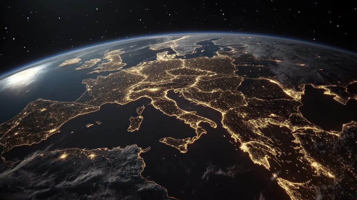 Satellite view of Europe lit up at night, highlighting key developed markets including the UK and continental Europe