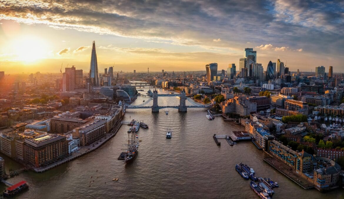 Aerial view of London skyline at sunset, a hub for UK investors buying popular ETFs in their ISA