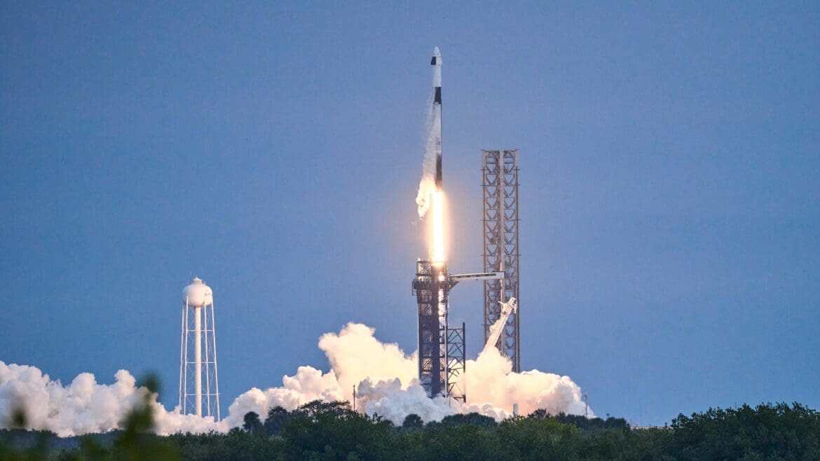 SpaceX Falcon 9 rocket lifting off from Kennedy Space Center — SpaceX IPO lists on Nasdaq June 2026